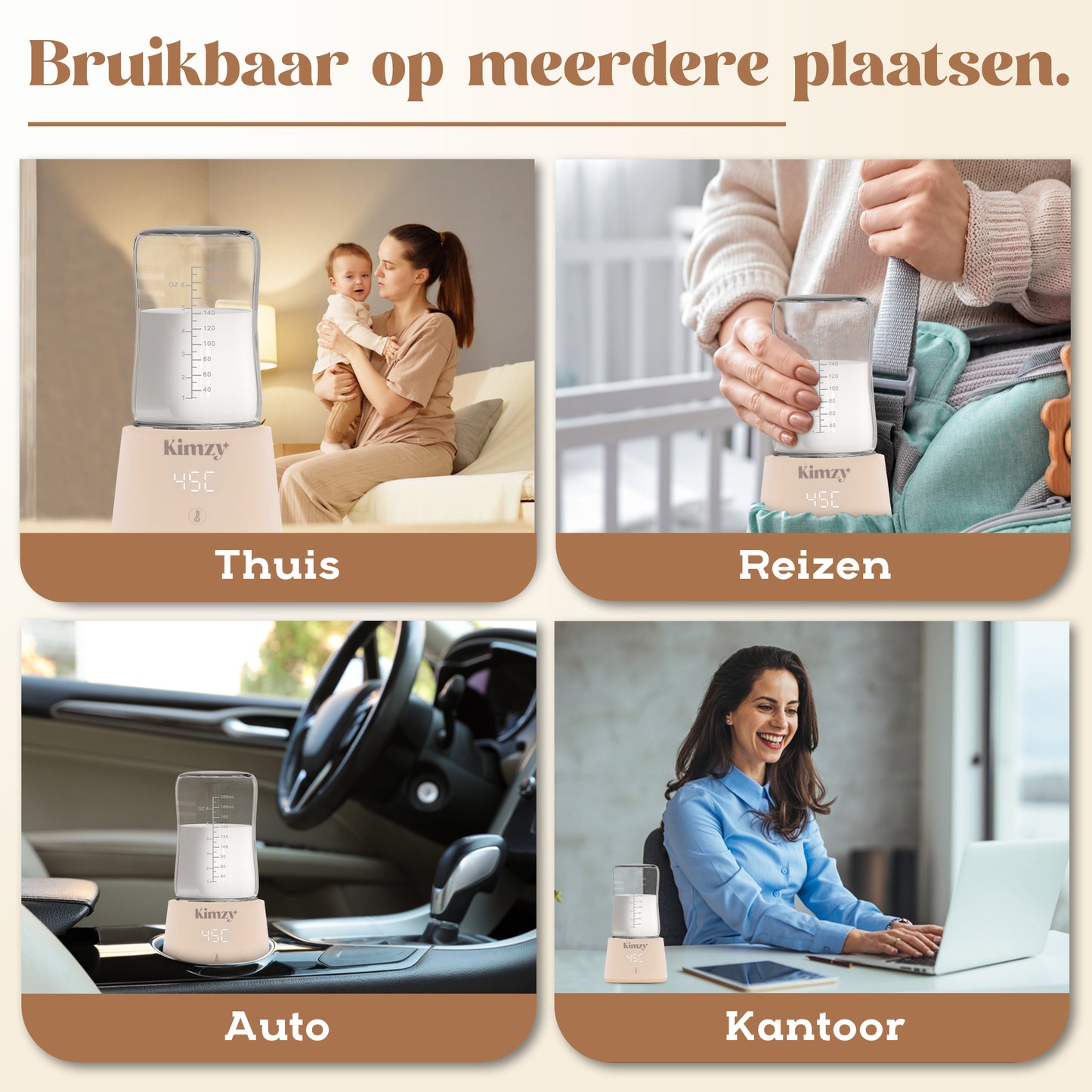 Kimzy® Draadloze Flessenwarmer Beige – Incl. 4 Adapters | Voor Onderweg & Thuis