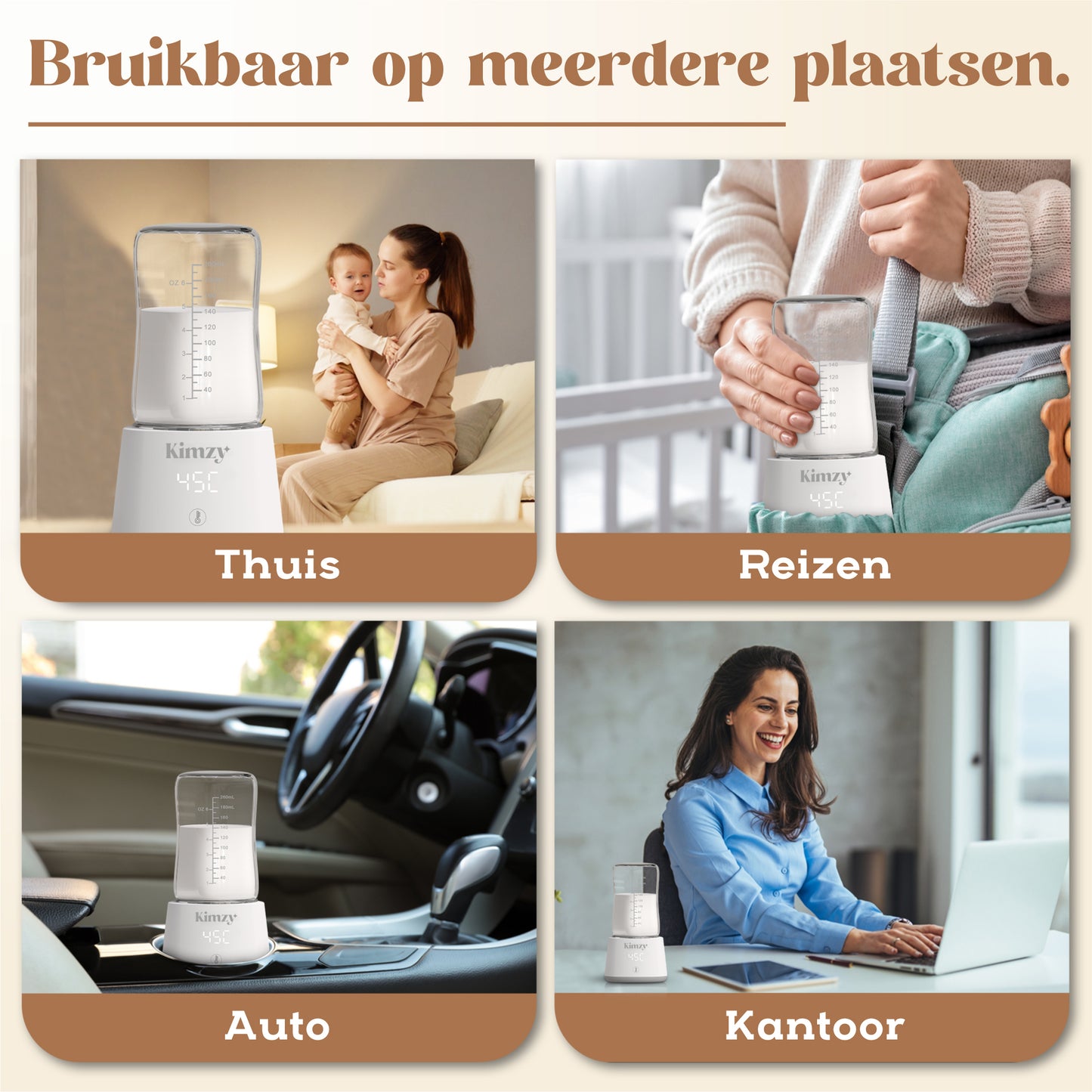 Kimzy® Draadloze Flessenwarmer Wit – Incl. 4 Adapters | Voor Onderweg & Thuis